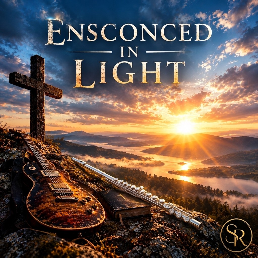 Album cover art titled "ENSCONCED IN LIGHT". The top portion of the image features the title text in a distressed, metallic gold serif font with horizontal lines framing the word "IN" in the middle.
In the foreground, situated on a rocky cliffside, are several items bathed in golden sunlight:
On the left, a worn, rustic electric guitar rests against a dark, wooden Christian cross standing upright.
Next to the guitar lies a dark, closed Bible with a small gold cross emblem on its cover.
Resting across the Bible and rock is a polished silver concert flute.
The background showcases a dramatic sunrise or sunset over a vast mountainous landscape. Bright golden sunbeams radiate across a sky filled with scattered clouds, illuminating a winding river and valley filled with low-hanging fog and mist below. In the bottom-right corner, there is a circular logo featuring stylized initials "SR".