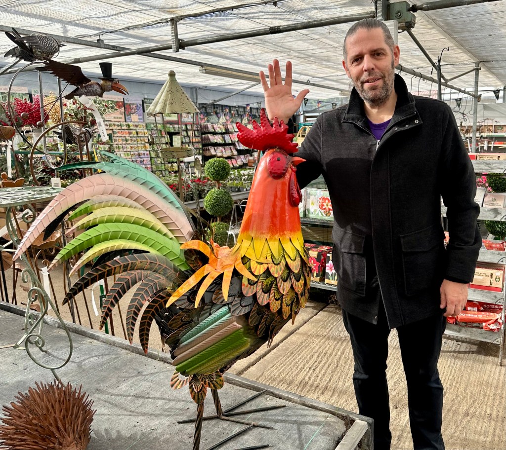 Alt Text: A man with dark hair tied back and facial scruff stands indoors inside a garden center or greenhouse. He wears a dark buttoned coat and black pants, smiling with his right hand raised open in a wave. In front of him stands a large, colorful decorative metal rooster statue featuring bright orange, yellow, and green painted metal feathers. Nursery shelves, potted plants, and garden supplies fill the background.